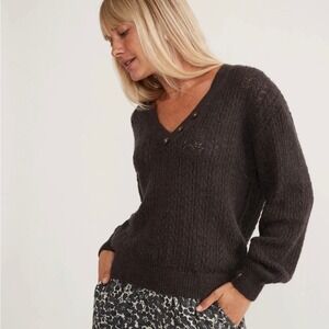 Marine Layer Evelyn Alpaca Blend Pointelle V-Neck Henley Sweater Charcoal Grey M